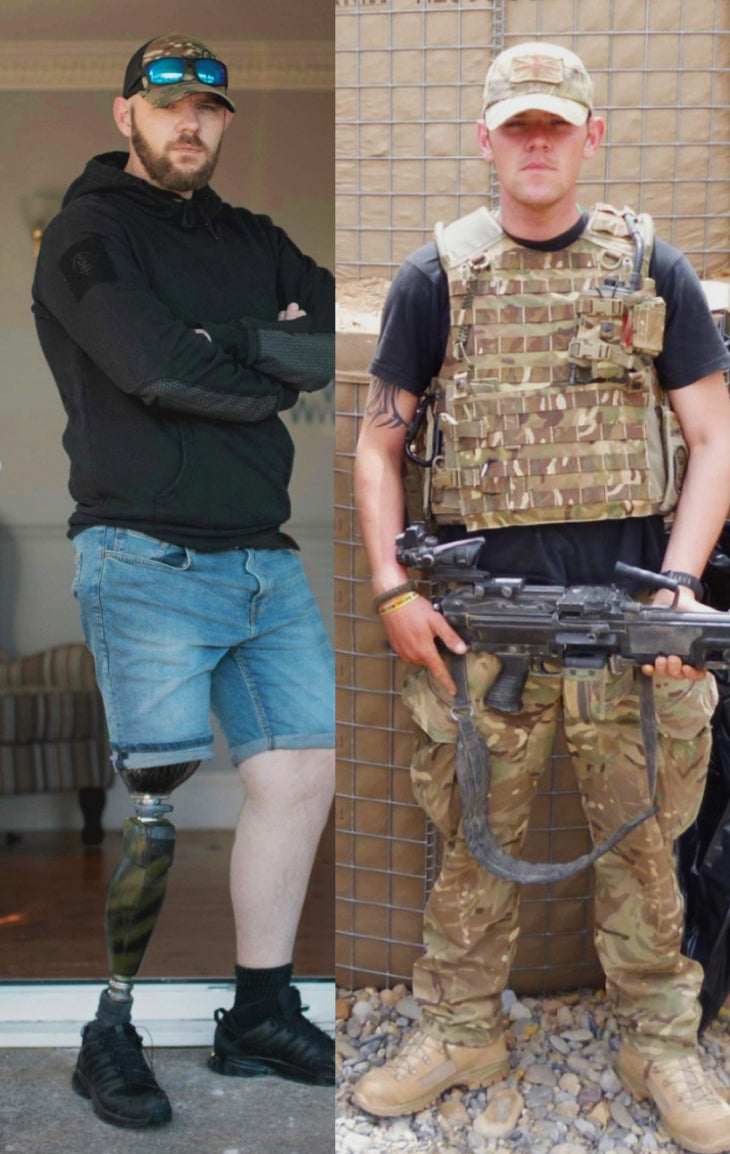 Steve Owen was serving with the Royal Welsh Fusiliers when, during a mission in Afghanistan, his vehicle was struck by an IED. Pictured left in black jumper as an amputee, pictured right in army uniform with a gun